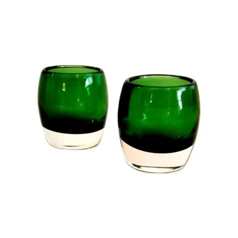 Crate & Barrel 2 Hand Blown Glass Candle Holders Emerald Green to Clear 3 inch